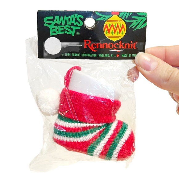 Vintage 1984 Knit Stocking Fillable Christmas Tree Ornaments Holiday Green Red - Picture 3 of 12